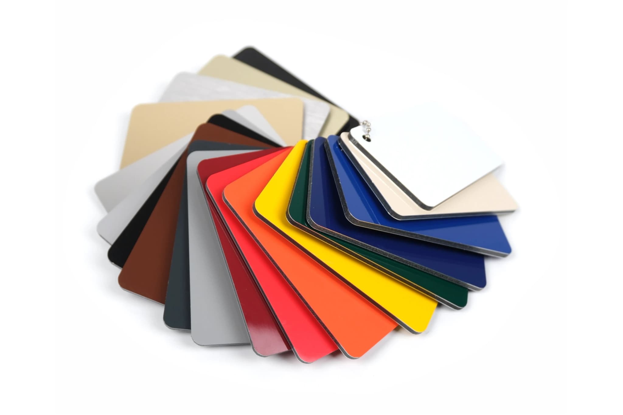 A fanned out swatch of ACM materials showing many different coloured and metallic finishes.