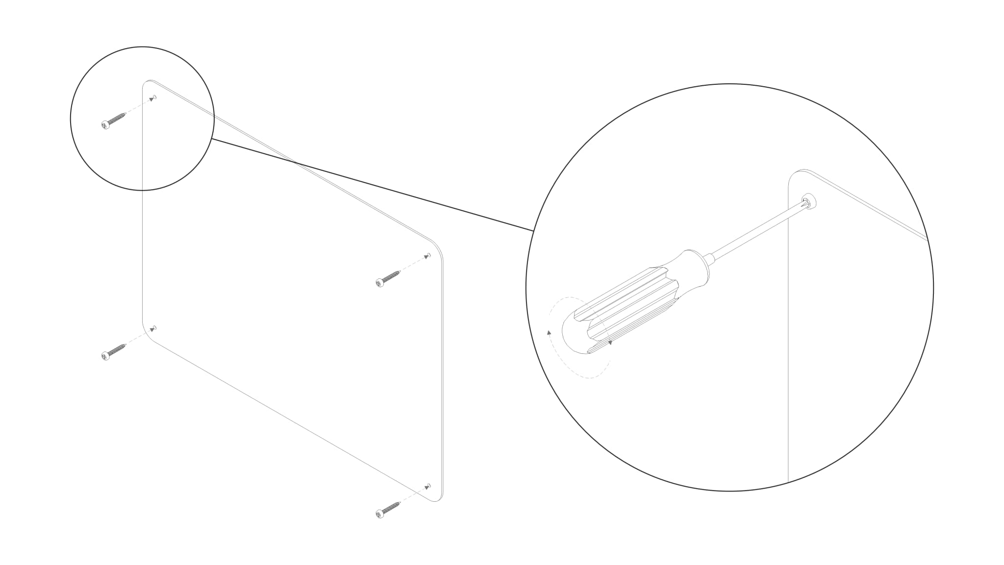 Isometric line drawing of a sign blank being screwed to a wall