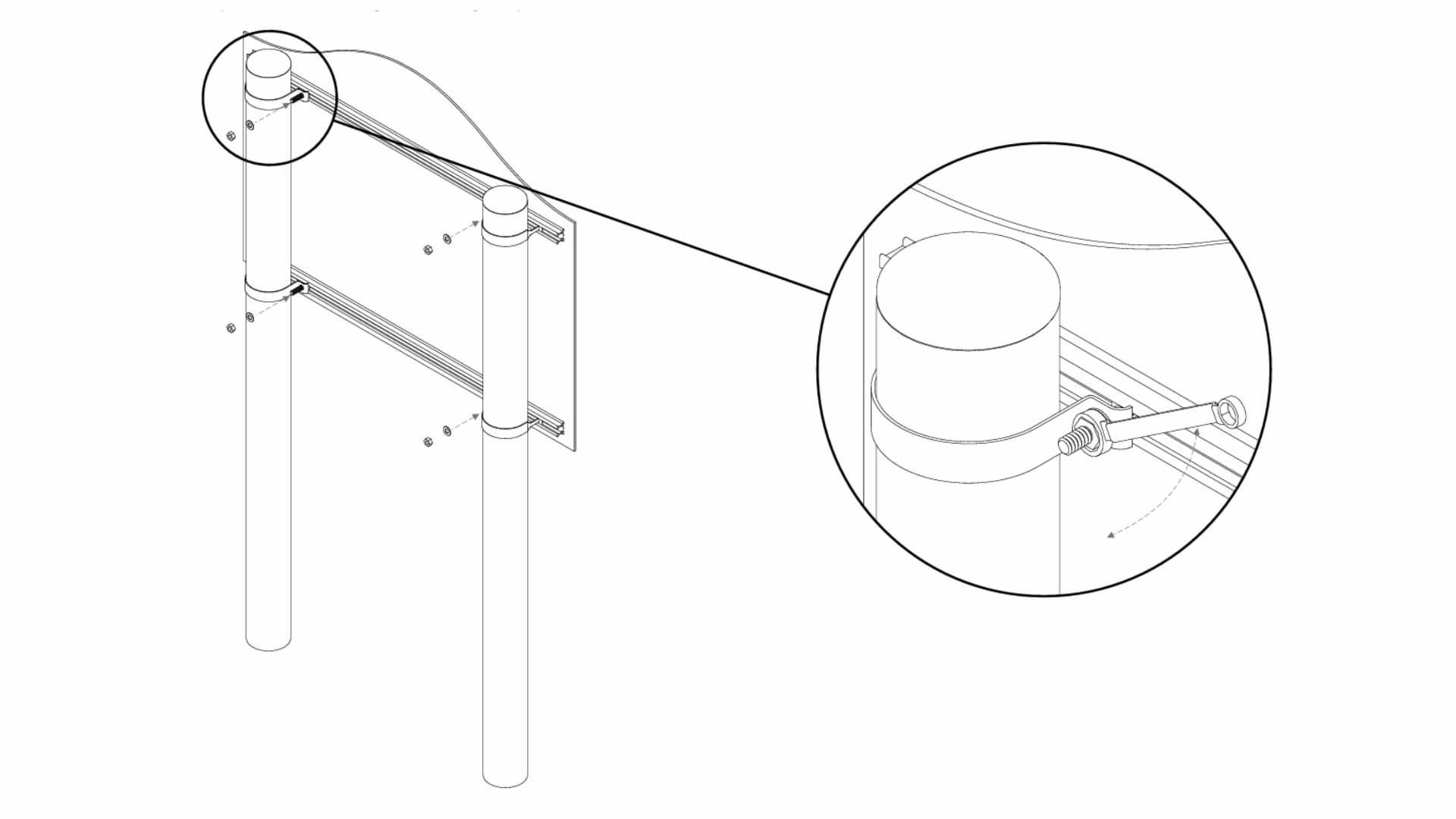 Isometric assembly diagram for installing a single sign to sign posts using sign clips.