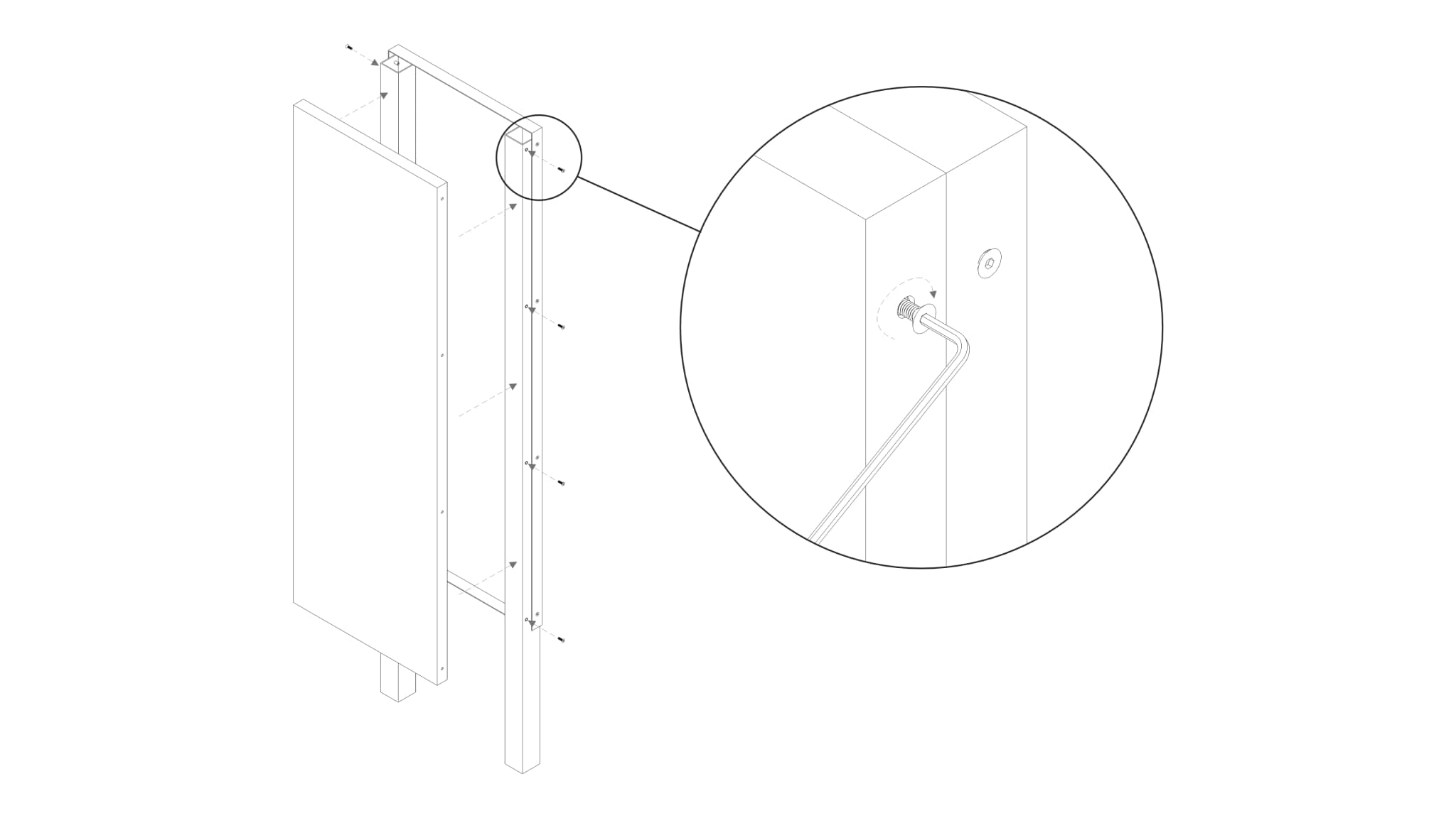 Isometric line drawing of a totem / monolith sign installation process