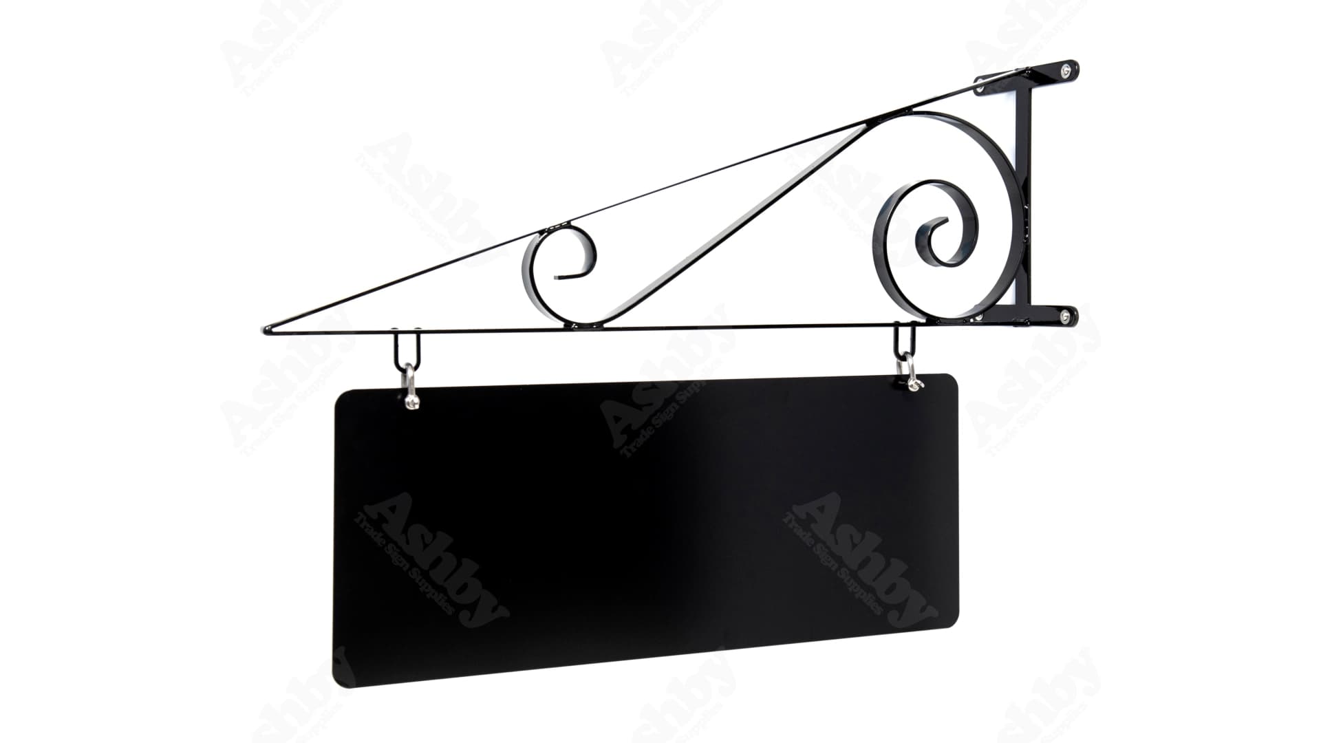 Black sign hanging from an ornate bracket with a scroll motif.