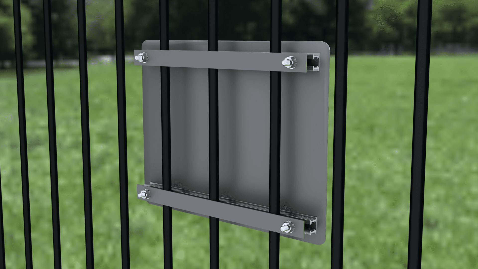 Rear view of an aluminium sign panel mounted to a fence with fixing plates.