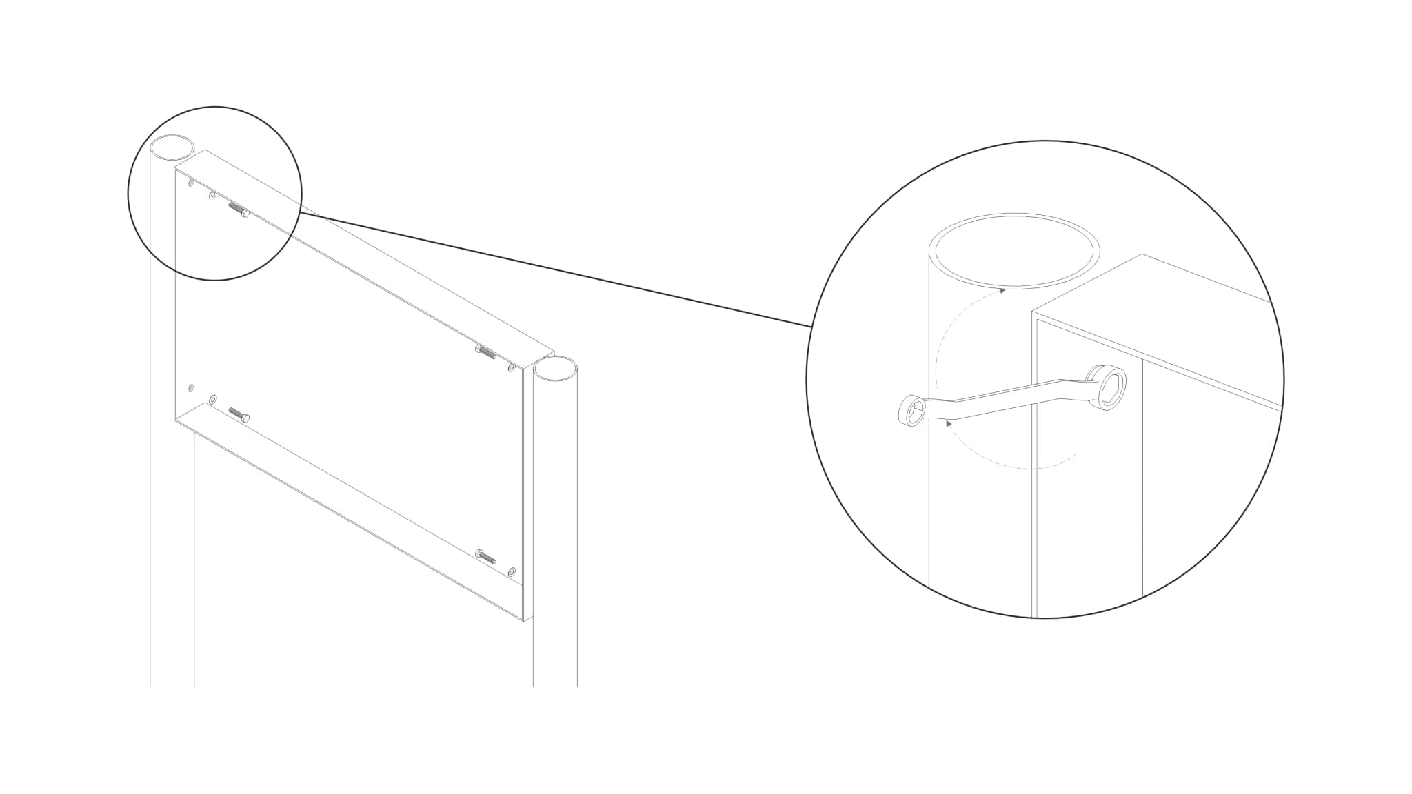 Isometric drawing of how to install a tray sign onto sign posts .