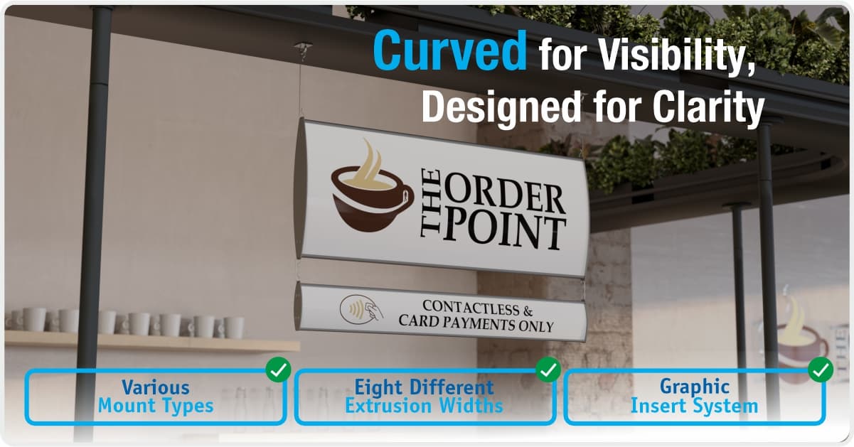 A double level suspended sign with a curved face for increased visibility